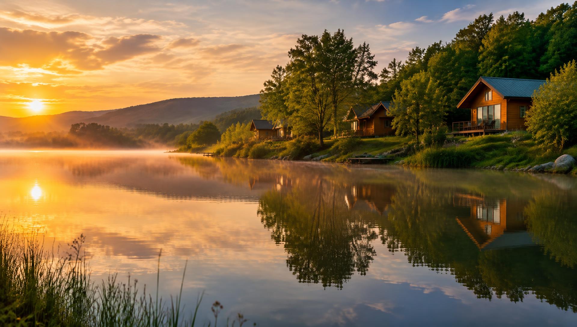 Lake at sunset with houses on the shore